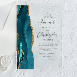 Invitations En Acrylique Élégant Turquoise Gold Agate Mariage de script