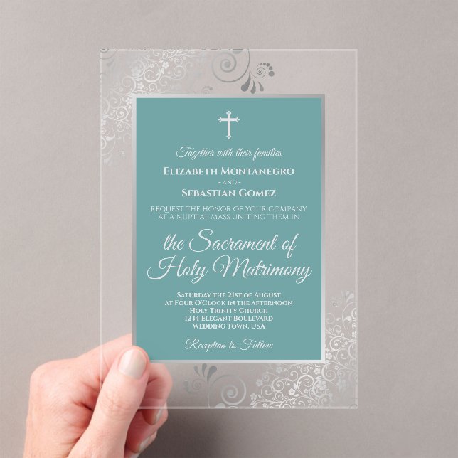 Invitations En Acrylique Elegant Turquoise Teal & Silver Catholic Wedding (In situ (ordinateur de poche))