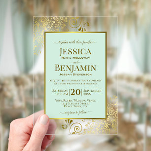 Invitations En Acrylique Élégant Vert Menthe Et Or Mariage Text Style