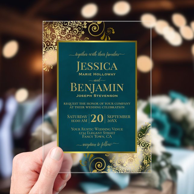 Invitations En Acrylique Élégant Vert Sarcelle Foncé & Or Mariage Glam Text (Créateur téléchargé)