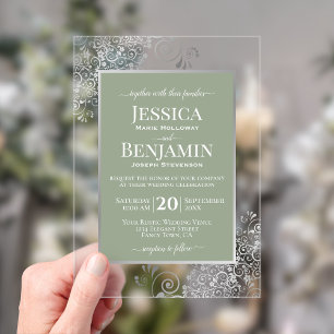 Invitations En Acrylique Élégant Vert Sauge & Argent Mariage Texte Élégant