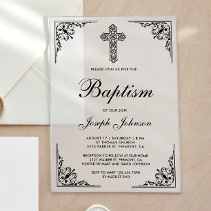 Invitations En Acrylique Élégant Vintage Black Ornate Cross Baptême