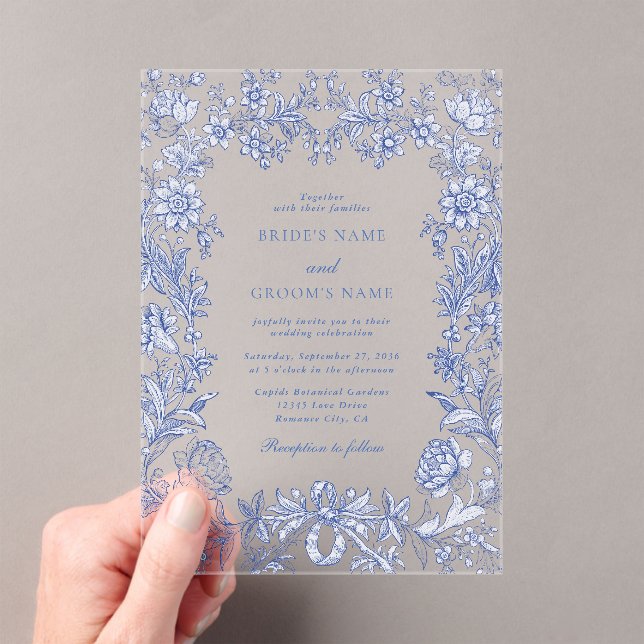 Invitations En Acrylique Élégant Vintage Rustique Français Bleu Mariage Flo (In situ (ordinateur de poche))