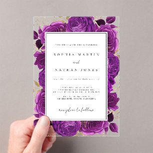 Invitations En Acrylique Élégant violet et Rose or Mariage clair