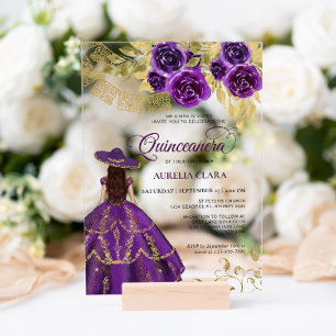 Invitations En Acrylique Élégant Violet Floral Violet Charra Quinceañera