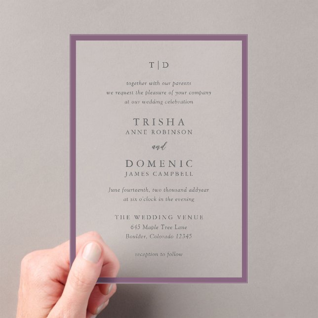 Invitations En Acrylique Élégant violet monogramme Mariage moderne (In situ (ordinateur de poche))