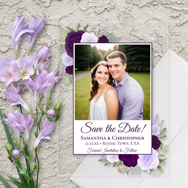 Invitations En Acrylique Elégant violet Roses mariage Enregistrer la date P (Clear Acrylic with Rectangle Cut)