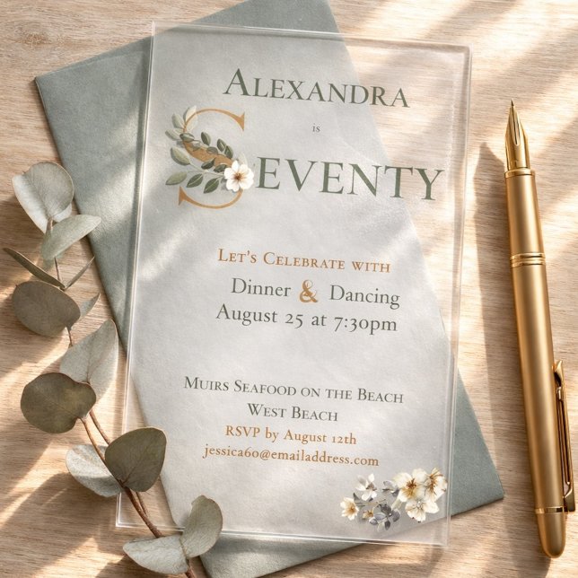 Invitations En Acrylique Elegant Watercolor Floral 70th Birthday  (Créateur téléchargé)