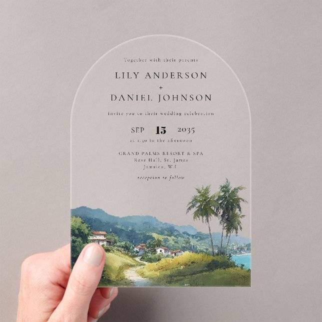 Invitations En Acrylique Elegant Watercolor Tropical Caribbean Wedding Arch (In situ (ordinateur de poche))