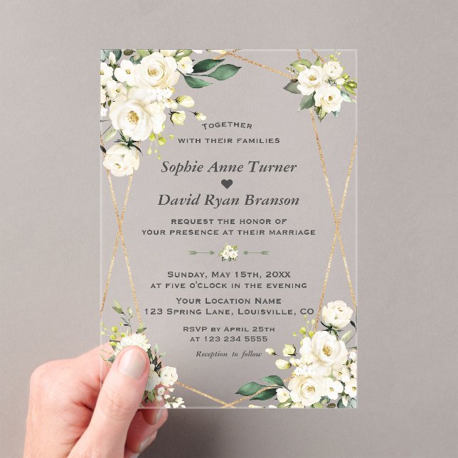 Invitations En Acrylique Elegant Watercolor White Flowers Gold Wedding (In situ (ordinateur de poche))