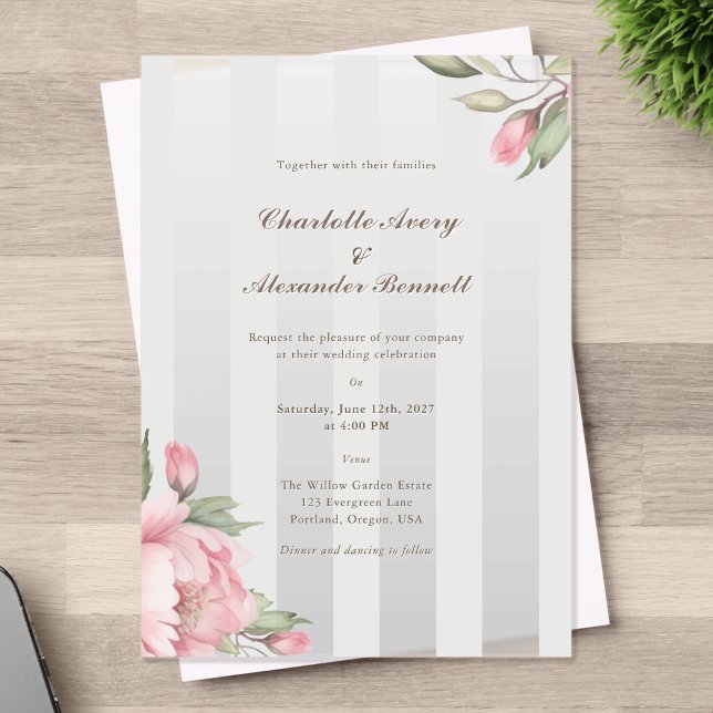 Invitations En Acrylique Elegant Wedding – Blush Peony & Soft Grey Striped  (Créateur téléchargé)