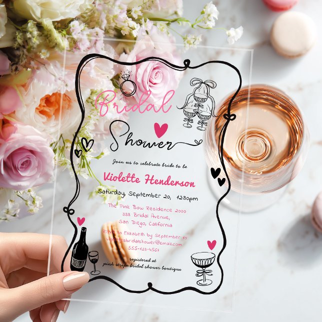 Invitations En Acrylique Elegant Whimsical Hand Drawn Bridal Shower (Créateur téléchargé)