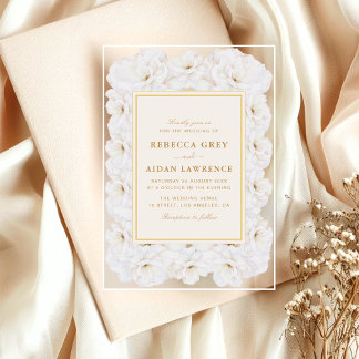 Invitations En Acrylique Elegant White Floral Ivory Gold Border Wedding