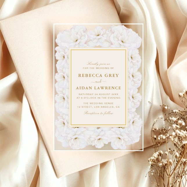 Invitations En Acrylique Elegant White Floral Ivory Gold Border Wedding (Créateur téléchargé)