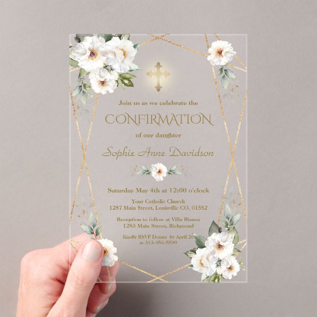 Invitations En Acrylique Elegant White Flowers Gold Cross Confirmation (In situ (ordinateur de poche))