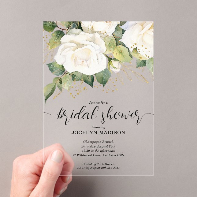 Invitations En Acrylique Elegant White Roses Bridal Shower Acrylic Invitati (In situ (ordinateur de poche))