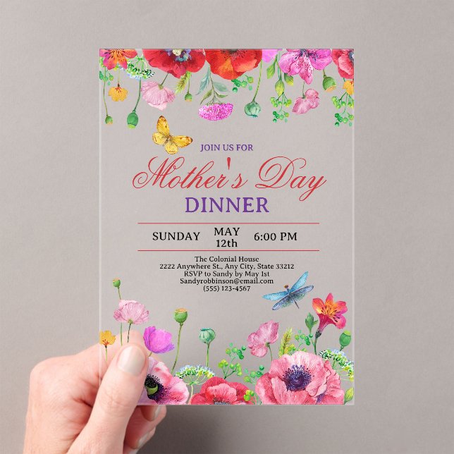 Invitations En Acrylique Elegant Wildflower Black Chic Mother's Day Dinner (In situ (ordinateur de poche))