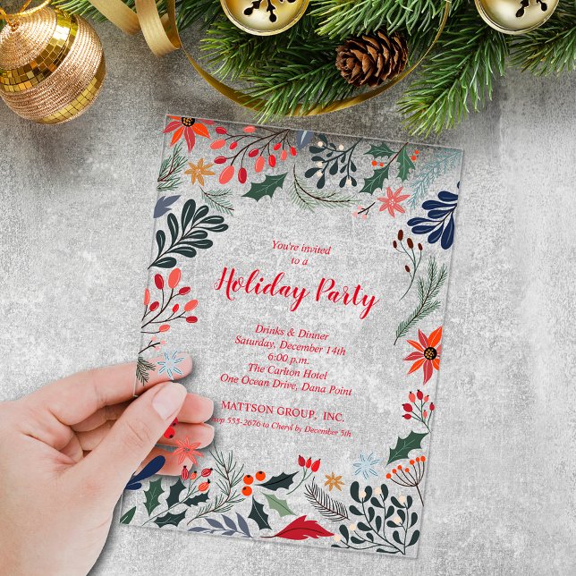 Invitations En Acrylique Elegant Winter Botanicals Christmas Holiday (Elegant winter botanicals and flowers Christmas holiday party clear acrylic invitations)