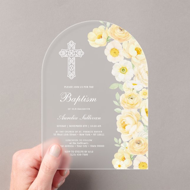Invitations En Acrylique Elegant Yellow Flowers Arch Baptism (In situ (ordinateur de poche))