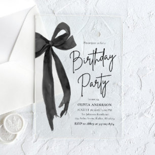 Invitations En Acrylique Elégante aquarelle Black Bow fête d'anniversaire