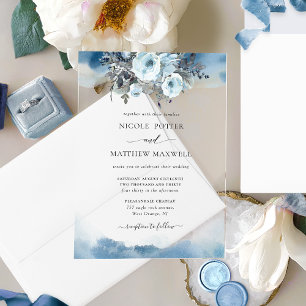Invitations En Acrylique Elégante Aquarelle Bleue et Mariage Floral