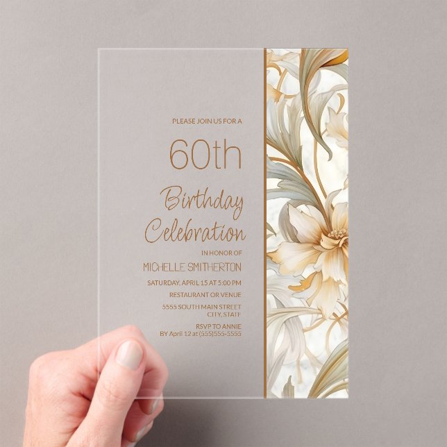 Invitations En Acrylique Elégante aquarelle Brown Florale 60e anniversaire (In situ (ordinateur de poche))