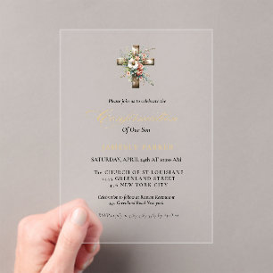 Invitations En Acrylique Elégante aquarelle Floral Cross Confirmation