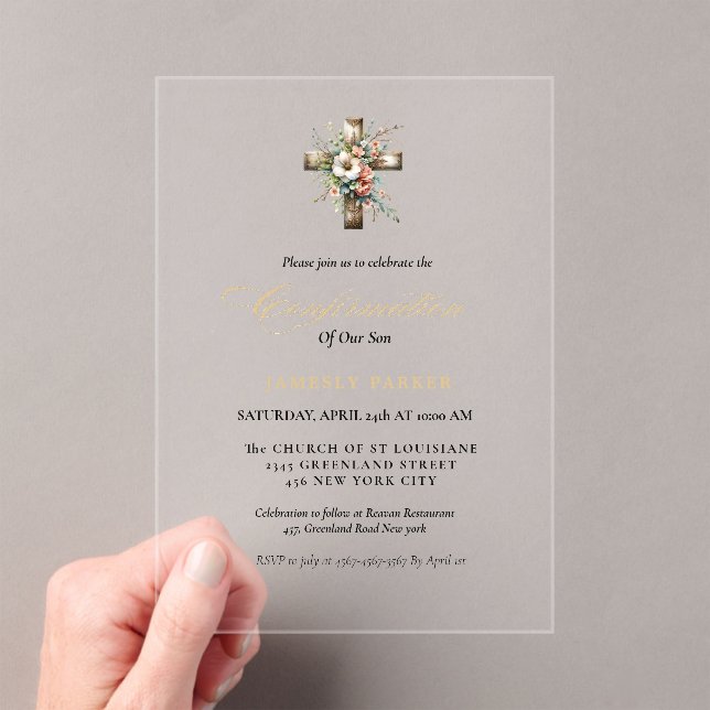 Invitations En Acrylique Elégante aquarelle Floral Cross Confirmation (In situ (ordinateur de poche))