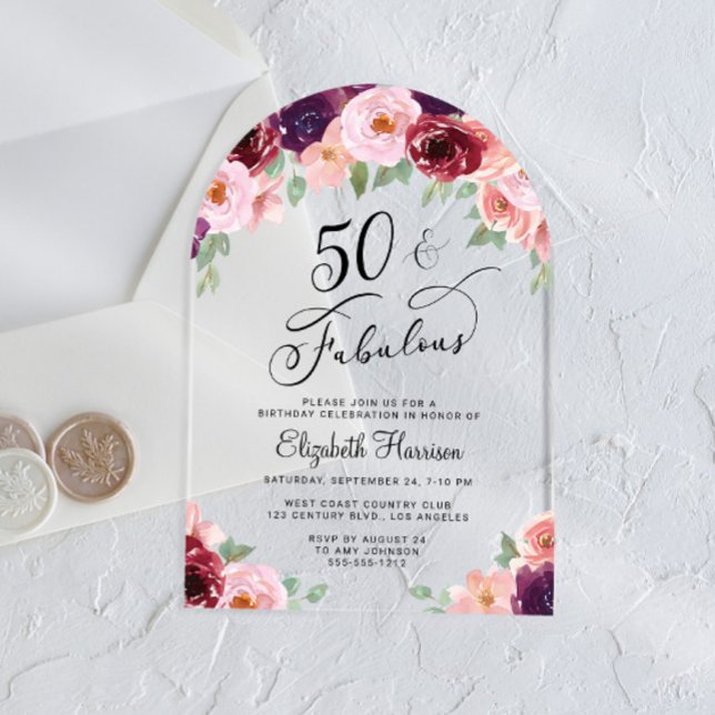 Invitations En Acrylique Elégante aquarelle florale 50e anniversaire de fêt (Créateur téléchargé)