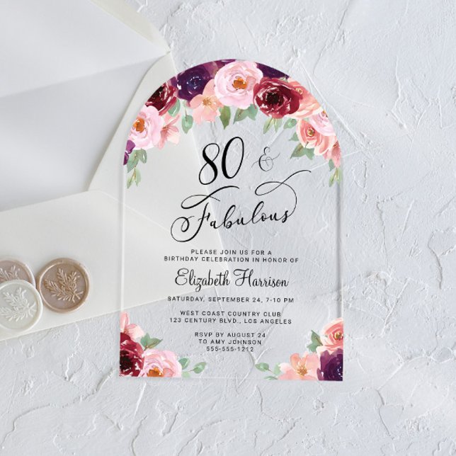 Invitations En Acrylique Elégante aquarelle florale 80e anniversaire de fêt (Créateur téléchargé)