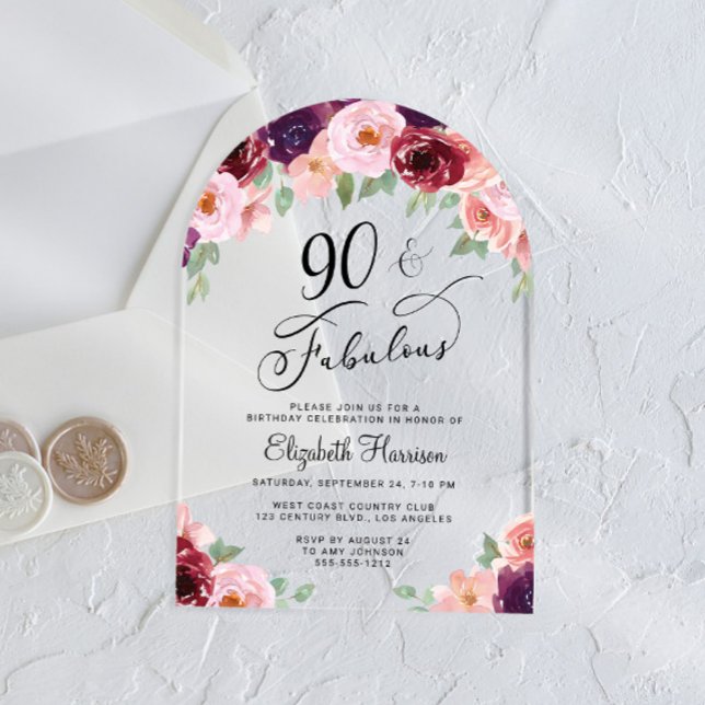 Invitations En Acrylique Elégante aquarelle florale 90e anniversaire de fêt (Créateur téléchargé)