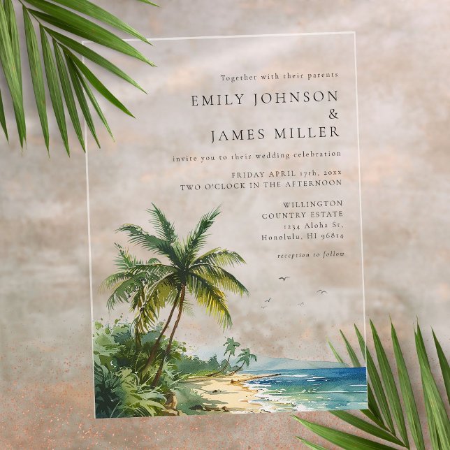 Invitations En Acrylique Elégante aquarelle moderne Mariage de plage tropic (Modern Elegant Watercolor Tropical Beach Wedding Acrylic Invitations)