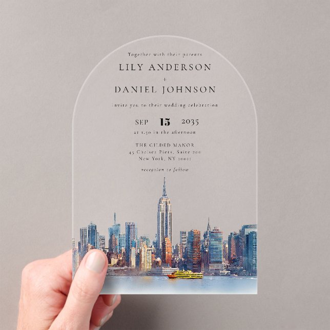 Invitations En Acrylique Elégante aquarelle New York Skyline Mariage Arch (In situ (ordinateur de poche))