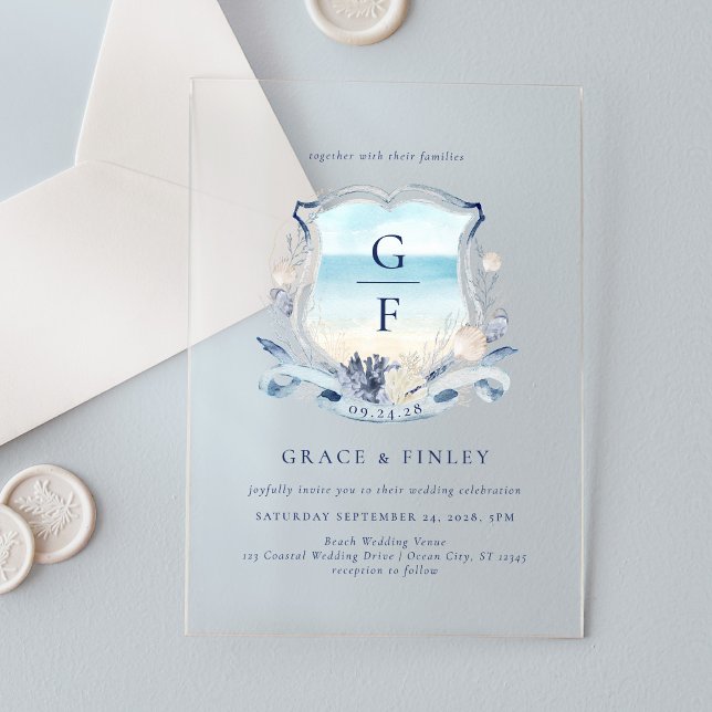 Invitations En Acrylique Elégante aquarelle plage Monogram Crest Mariage (Créateur téléchargé)