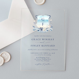 Invitations En Acrylique Elégante aquarelle plage Monogramme Mariage Crest