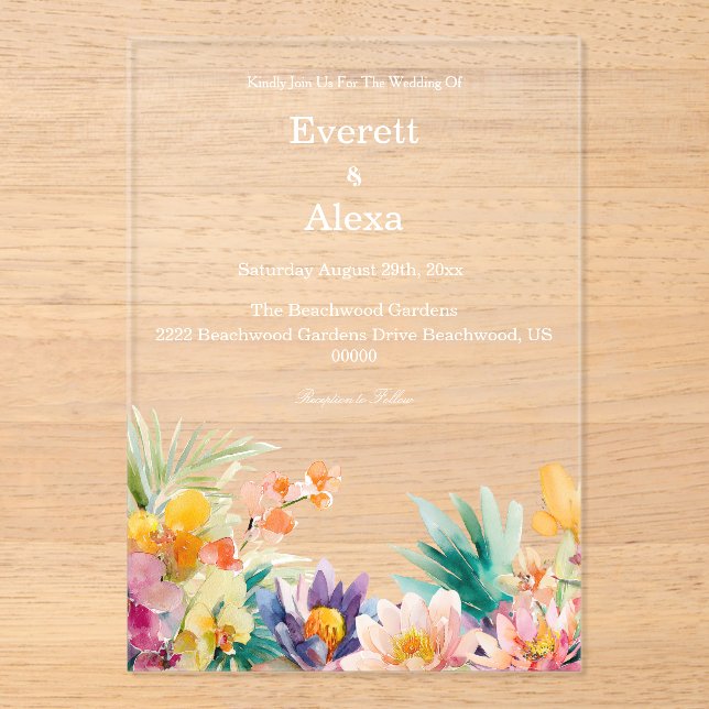 Invitations En Acrylique Elégante aquarelle tropicale Mariage floral (Recto)