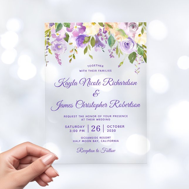 Invitations En Acrylique Elégante Aquarelle violette Florale Mariage modern (Elegant Purple Watercolor Floral Modern Wedding Acrylic Invitations)