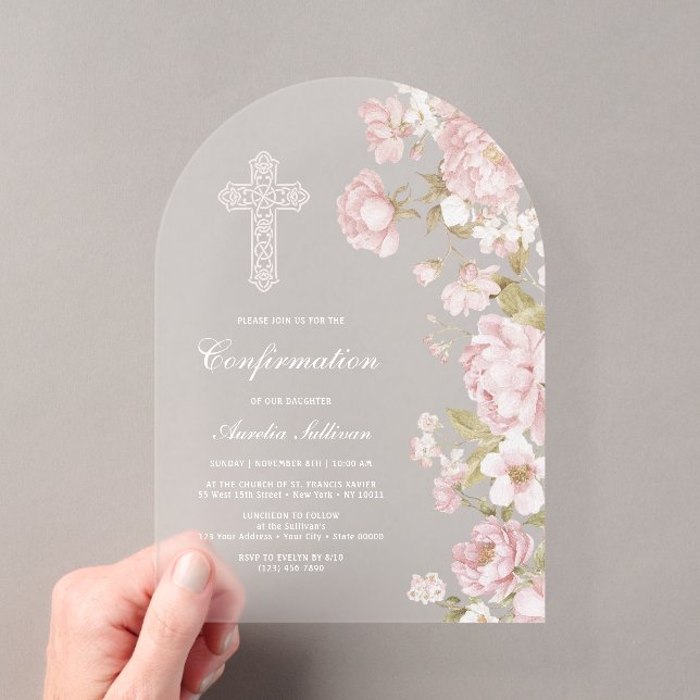 Invitations En Acrylique Élégante Arche de Fleurs Rose Confirmation (In situ (ordinateur de poche))