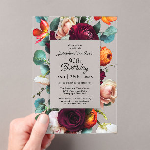Invitations En Acrylique Elégante automne floral 90e anniversaire fête