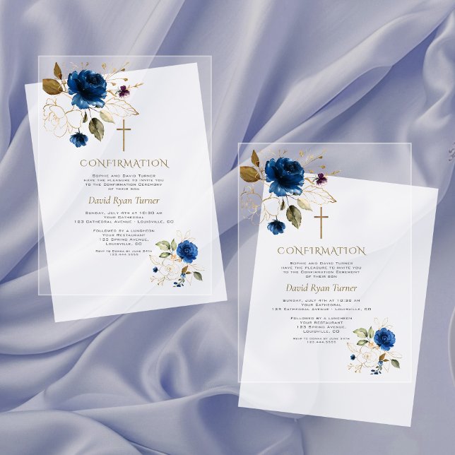 Invitations En Acrylique Elégante Blue Gold Flowers Boy Confirmation (Créateur téléchargé)
