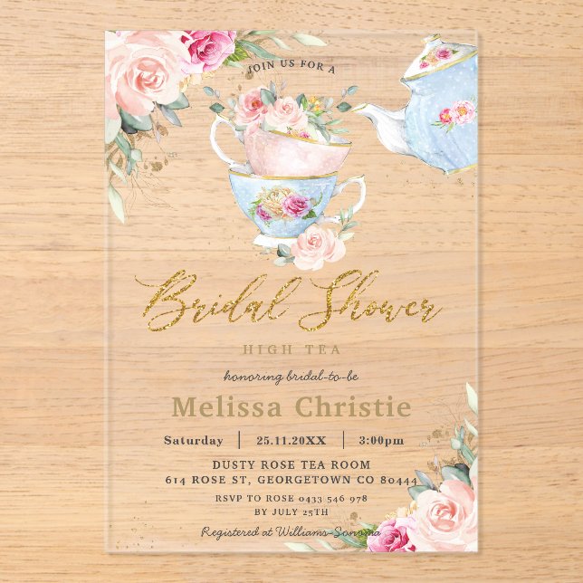 Invitations En Acrylique Elégante Blush Floral High Tea Party Fête des mari (Recto)
