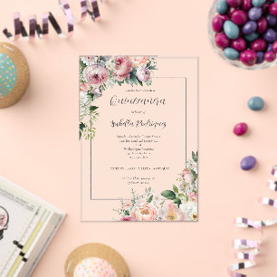 Invitations En Acrylique Elégante bordure rose florale argent Quinceañera