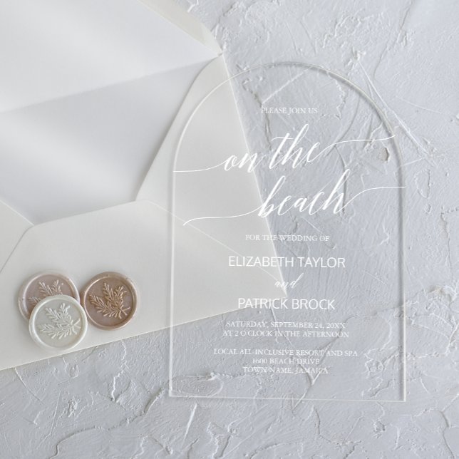 Invitations En Acrylique Élégante calligraphie Arc Blanc Boho Beach Mariage (Elegant Calligraphy Arch White Boho Beach Wedding Acrylic Invitations)
