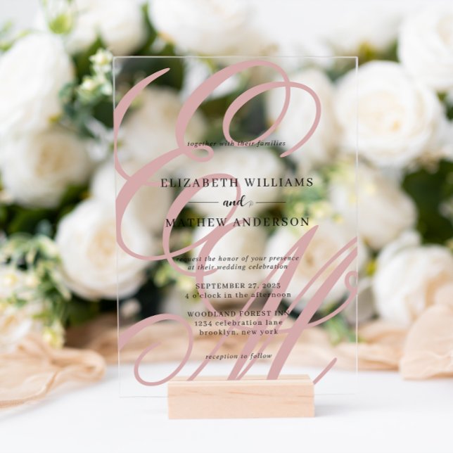 Invitations En Acrylique Élégante calligraphie Dusty rose Mariage (Créateur téléchargé)