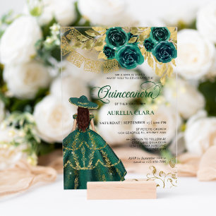 Invitations En Acrylique Élégante Charra Quinceañera Floral Emerald Green