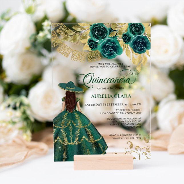 Invitations En Acrylique Élégante Charra Quinceañera Floral Emerald Green (Créateur téléchargé)