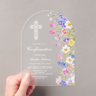 Invitations En Acrylique Élégante Confirmation Fleurs de Prairie Fraîches A