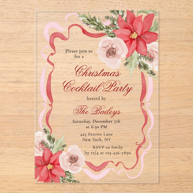 Invitations En Acrylique Élégante coquette Floral Noël Cocktail Party (Recto)