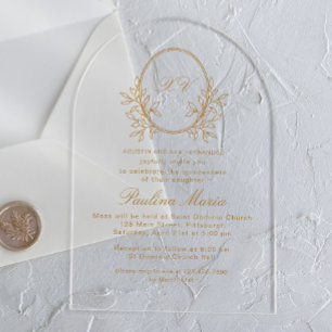 Invitations En Acrylique Élégante Crête d'or Formal Quinceañera