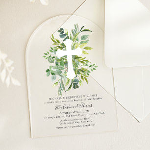 Invitations En Acrylique Élégante Croix Botanique de Baptême de Verdure